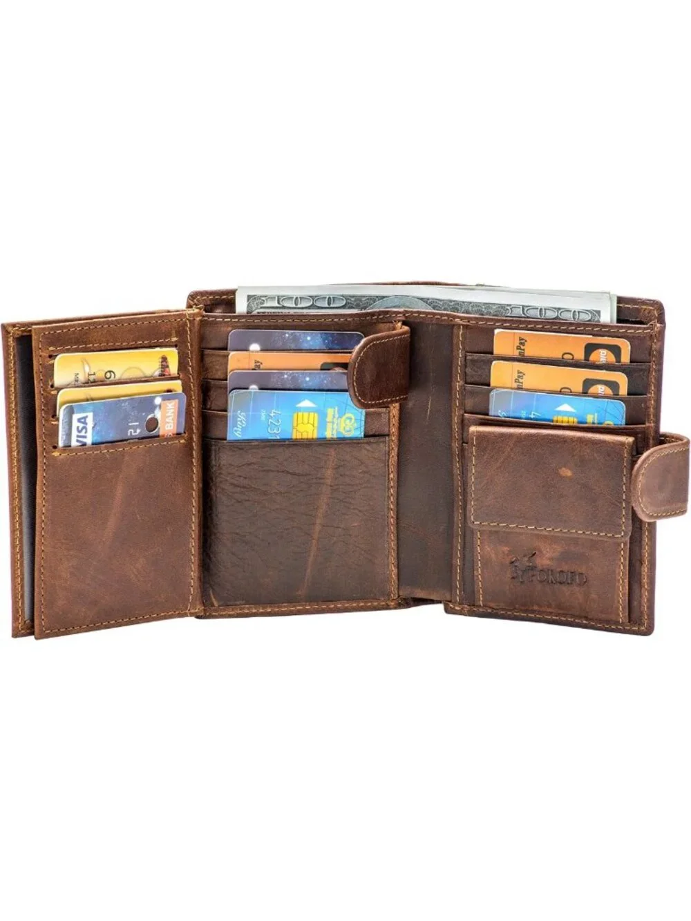 Large RFID Genuine Leather Trifold Wallet | Snap Closure, 3 ID Windows for Men